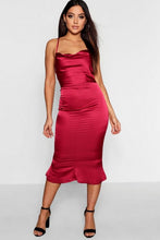 Load image into Gallery viewer, Satin Cowl Neck Lace Up Fish Tail Midi Dress