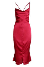 Load image into Gallery viewer, Satin Cowl Neck Lace Up Fish Tail Midi Dress
