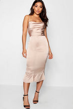 Load image into Gallery viewer, Satin Cowl Neck Lace Up Fish Tail Midi Dress