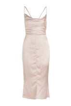 Load image into Gallery viewer, Satin Cowl Neck Lace Up Fish Tail Midi Dress