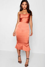 Load image into Gallery viewer, Satin Cowl Neck Lace Up Fish Tail Midi Dress