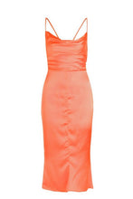 Load image into Gallery viewer, Satin Cowl Neck Lace Up Fish Tail Midi Dress
