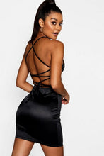 Load image into Gallery viewer, Satin Square Neck Strappy Back Bodycon Dress