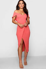 Load image into Gallery viewer, Off the Shoulder Wrap Skirt Midi Dress