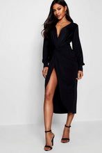 Load image into Gallery viewer, Twist Front Plunge Slinky Midi Dress