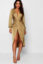 Load image into Gallery viewer, Twist Front Plunge Slinky Midi Dress
