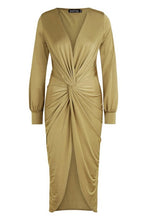 Load image into Gallery viewer, Twist Front Plunge Slinky Midi Dress