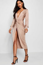 Load image into Gallery viewer, Twist Front Plunge Slinky Midi Dress
