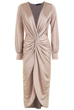 Load image into Gallery viewer, Twist Front Plunge Slinky Midi Dress