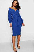 Load image into Gallery viewer, Off the Shoulder Wrap Midi Dress