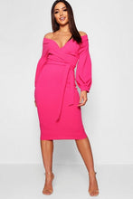 Load image into Gallery viewer, Off the Shoulder Wrap Midi Dress