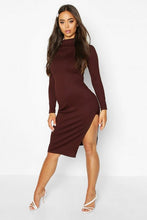 Load image into Gallery viewer, Jumbo Rib High Neck Split Midi Dress