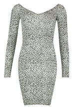Load image into Gallery viewer, Snow Leopard Off Shoulder Plunge Mini Dress