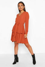 Load image into Gallery viewer, Woven Belted Tiered Hem Skater Dress