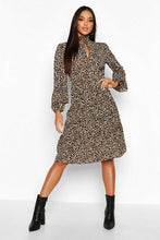 Load image into Gallery viewer, Leopard Print Shirred Neck Keyhole Midi Dress