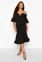 Load image into Gallery viewer, Plunge Puff Sleeve Frill Hem Midi Dress