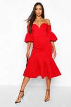 Load image into Gallery viewer, Plunge Puff Sleeve Frill Hem Midi Dress