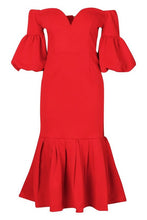 Load image into Gallery viewer, Plunge Puff Sleeve Frill Hem Midi Dress