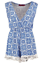 Load image into Gallery viewer, Blue Print Wrap Over Tassel Trim Playsuit
