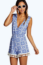 Load image into Gallery viewer, Blue Print Wrap Over Tassel Trim Playsuit

