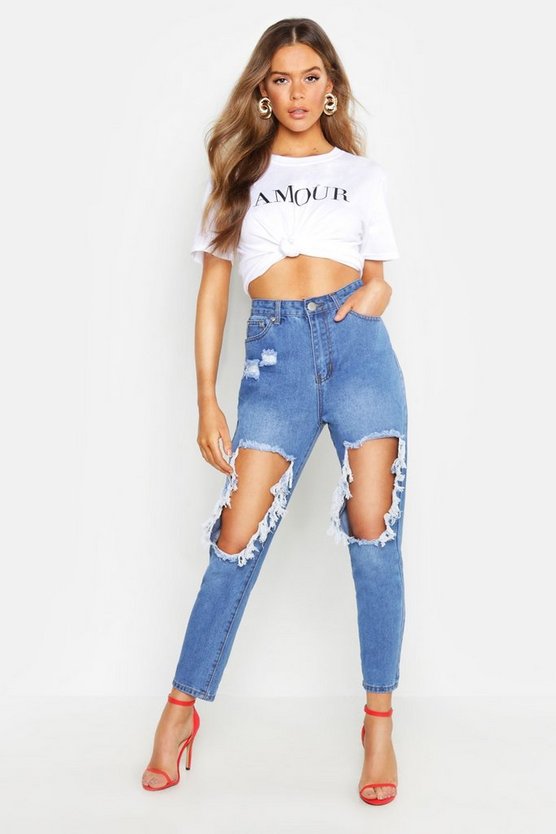 High Rise Extreme Thigh Rip Mom Jean