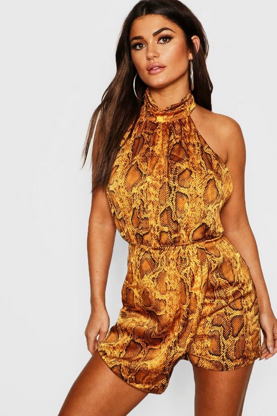 Snake Print Satin Turtle Neck Romper