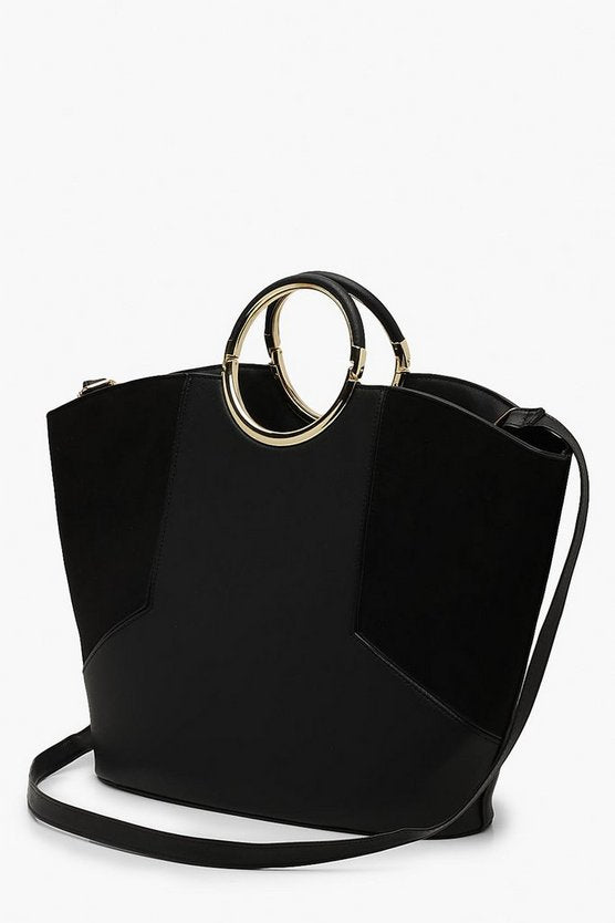 Ring Handle Panel Tote Cross Body Bag