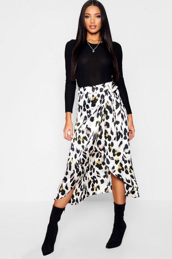 Leopard Print Satin Wrap Midaxi Skirt