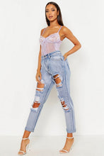 Load image into Gallery viewer, Mid Rise Light Blue Distressed Boyfriend Jean

