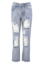 Load image into Gallery viewer, Mid Rise Light Blue Distressed Boyfriend Jean
