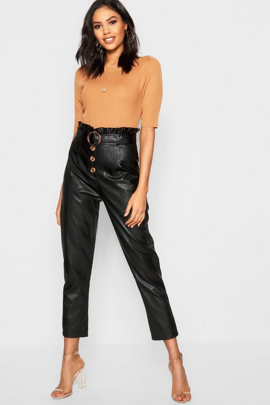 Leather Look Mock Horn Button Paperbag Pants