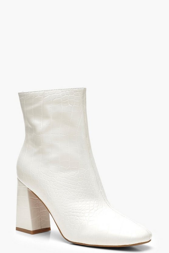 White Croc Block Heel Shoe Boots