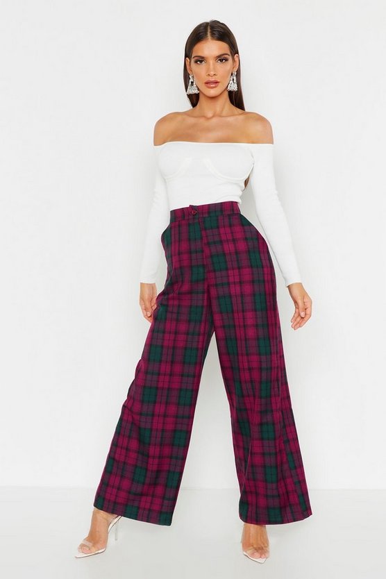 Woven Tartan Wide Leg Pants