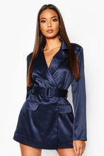 Load image into Gallery viewer, Satin Belted Blazer Romper
