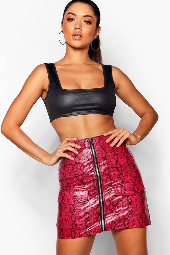 Snake Print Leather Look A Line Mini Skirt