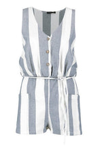 Load image into Gallery viewer, Horn Button Down Pocket Wide Stripe Playsuit
