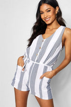 Load image into Gallery viewer, Horn Button Down Pocket Wide Stripe Playsuit
