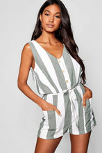 Load image into Gallery viewer, Horn Button Down Pocket Wide Stripe Playsuit
