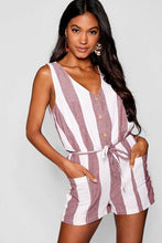 Load image into Gallery viewer, Horn Button Down Pocket Wide Stripe Playsuit
