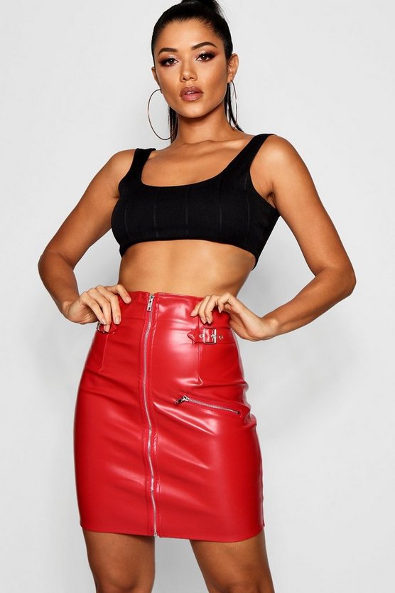 Leather Look High Waist Buckle Mini Skirt