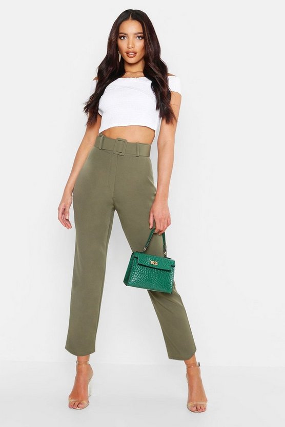 Wide Buckle Belt Straight Tapered Pants