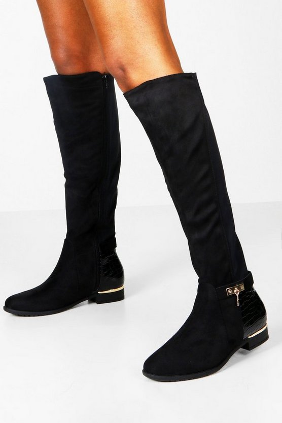 Croc Panel Stretch Back Flat Knee High Boots