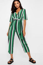 Load image into Gallery viewer, Striped Wrap Front Tapered Leg Jumpsuit
