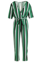 Load image into Gallery viewer, Striped Wrap Front Tapered Leg Jumpsuit
