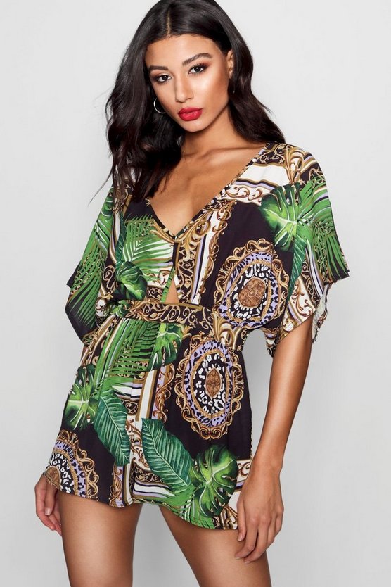 Jungle Scarf Print Kimono Sleeve Romper