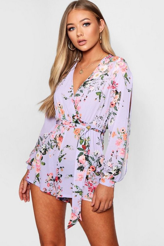 Split Sleeve Wrap Front Floral Playsuit