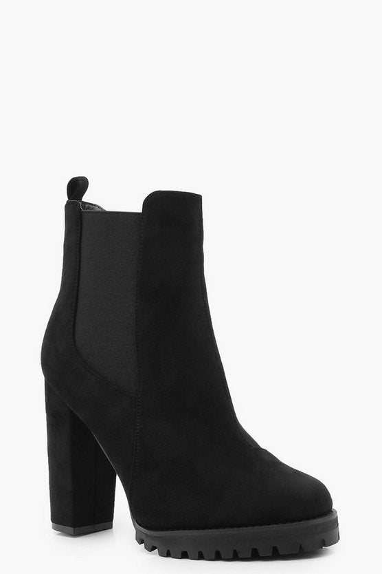 Cleated Platform Suedette Pull On Chelsea Boots