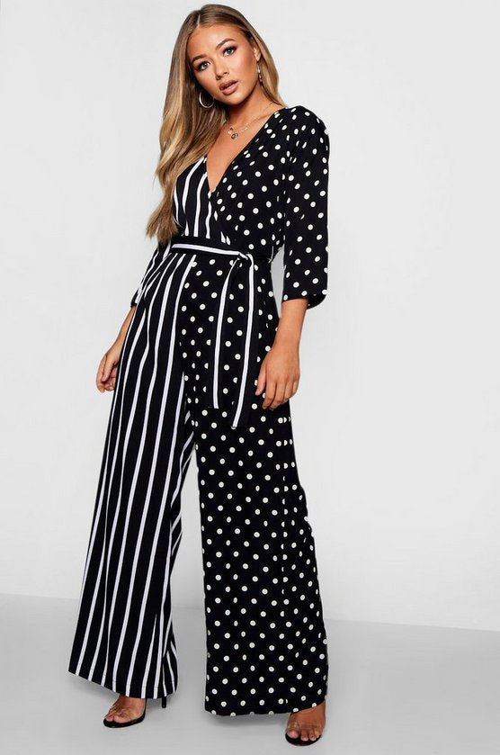 Wrap Tie Belt Jumpsuit In Polka Dot