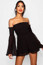 Load image into Gallery viewer, Brinley Bardot Sheared Waist Romper
