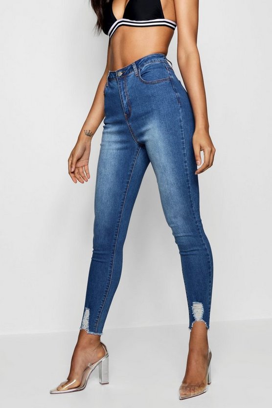 Mid Rise Ultra Distressed Hem Skinny Jeans